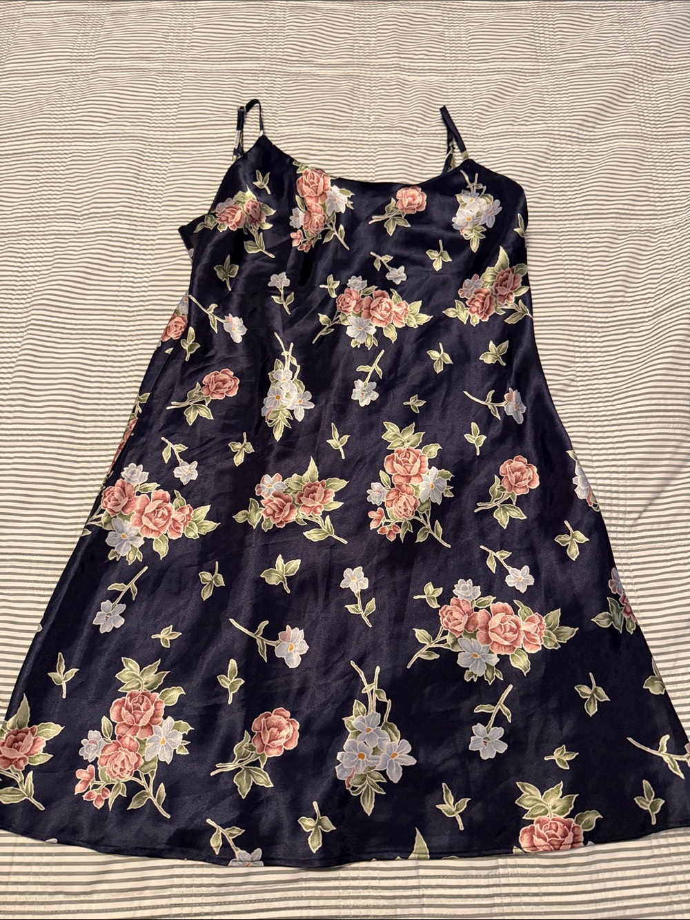 Navy Floral Satin Slip Dress with Pink Rose Print